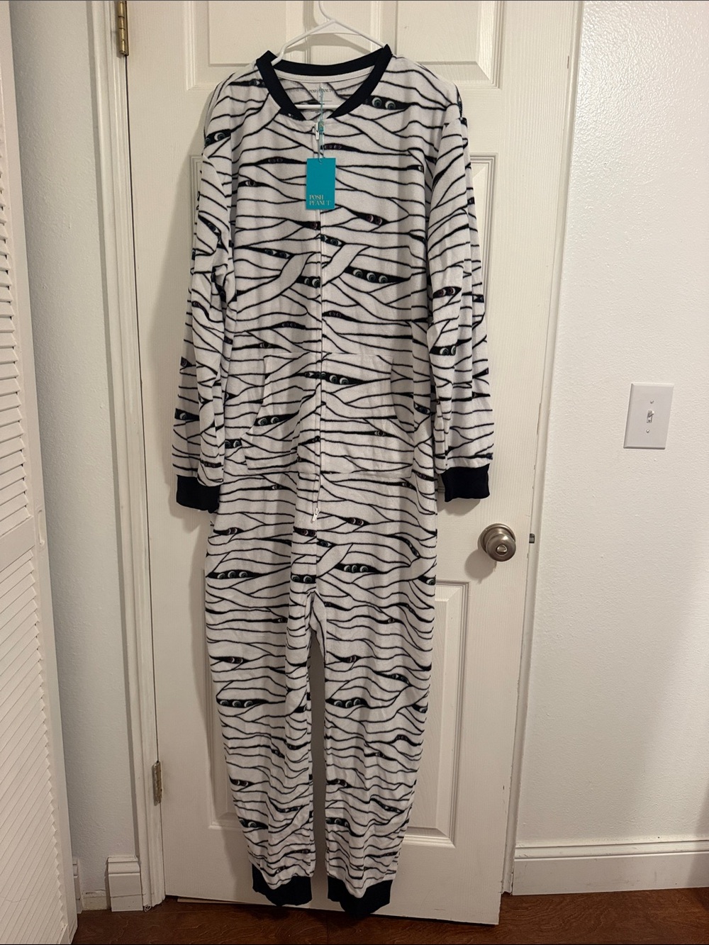 Posh Peanut Black & White Mummy Stripe Footed One-Piece